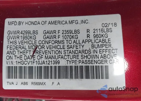 2018 Honda Accord Lx z USA, uszkodzony, nr VIN 1HGCV1F10JA121399